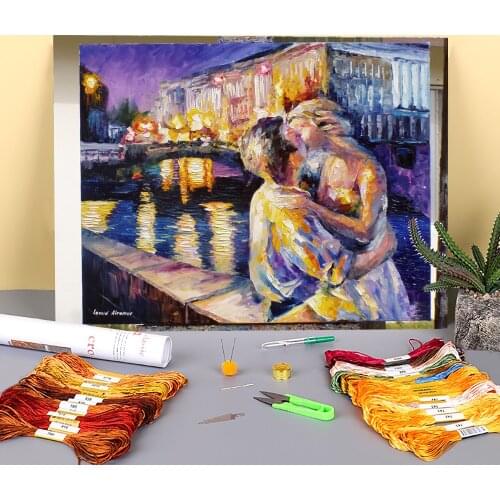 Oil Painting Style Blue City Printed 11CT Cross Stitch Complete Kit Embroidery DMC Threads Craft Painting Handiwork Decor
