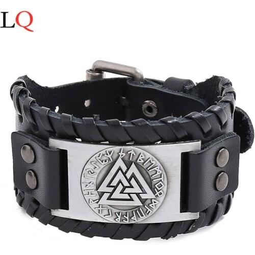 Charm Wide Leather Bracelet Men Punk Braided Rope Alloy Cuff Bangle Male Wristband Viking Bracelet Mens Jewelry charms bangles