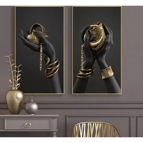 Black Woman Hands and Gold Jewelry Poster Prints Modern Wall Art Canvas Painting African Art Picture For Living Room Aisle Decor