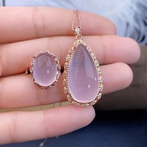 Natural And Real Rose Quartz jewelry set 925 sterling silver 1pc pendant,1pc ring with Big Stone