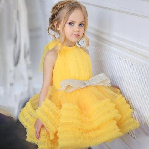 Gorgeous Yellow Tiers High Neck Short Wedding Flower Girl Dress Girls Party Dresses New Year