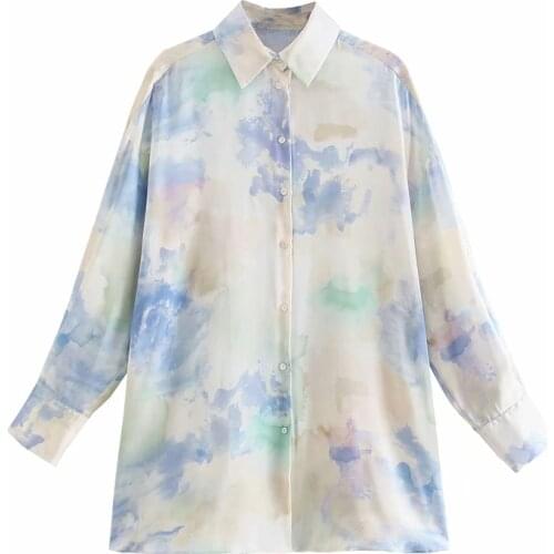 TRAF Za 2021 Tie Dye Shirt Oversize Women Satin Top Female Summer Long Sleeve Blouses Women Loose Casual Beach Button Up Shirt