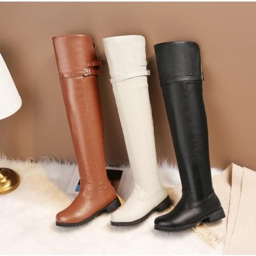 Autumn Winter Fashion Metal Decoration Comfortable Low Heeled Warm Plus Velvet Ladies Long Boots Spring PU Zipper Womens Shoes