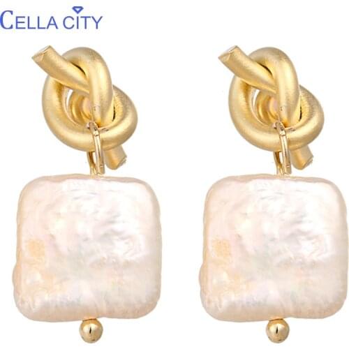 Cellacity Geometry Natural Freshwater Pearl Earrings for Women Matte light Knot Silver 925 Jewelry Delicate Ear drops Party Gift