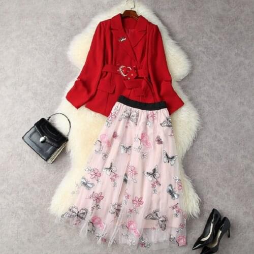 Top Quality Blazer Sets 2021 Autumn Winter Skirt Suit Women Sweetheart Beading Deco Blazer Suits+Sexy Tulle Mesh Skirt Sets 2 pc