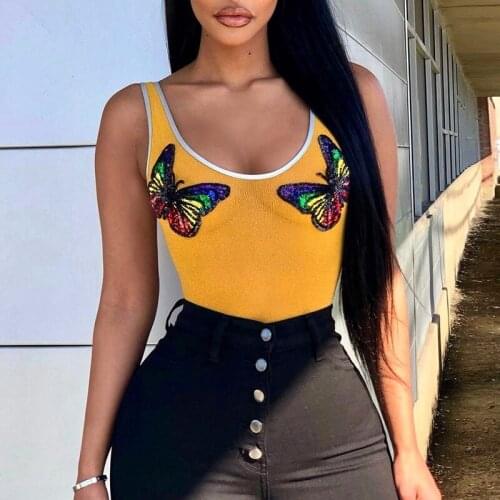 Women Fashion Sequins Butterfly Appliques Sleeveless Vest Knitted U-Neck Tank Tops Casual Slim Yellow Y2K Aesthetic Streetwear