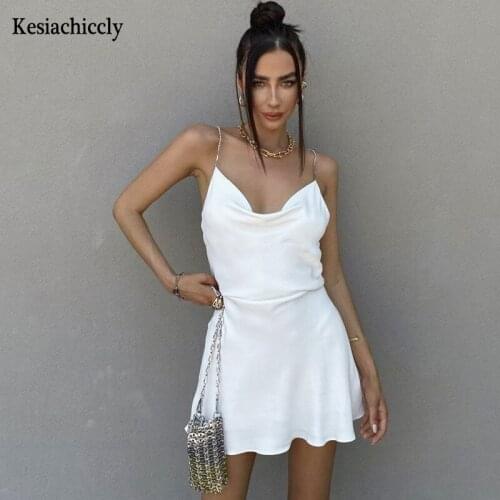 Kesiachiccly Sexy Elegant Satin Dress Women Summer Fashion Sleeveless V Neck Backless Slim Mini Dress Holiday Casual Sundress