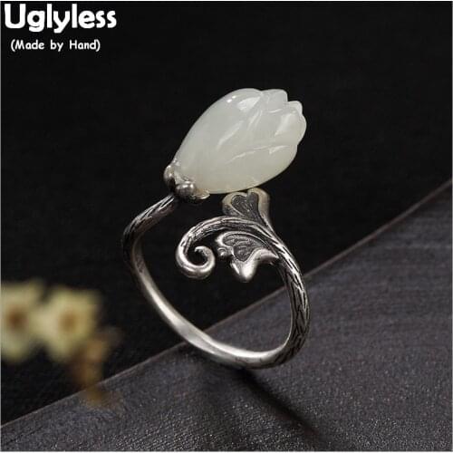 Uglyless 100% Real 925 Sterling Silver Handmade Leaf Rings for Women Thai Silver Fine Jewelry Natural Jade Magnolia Finger Ring