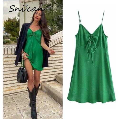 Snican Solid Green Camisole Short Mini Dress Belt Bandage Draped Bust Satin Robes Femme Fashion Summer Vestidos Cortos Za Women