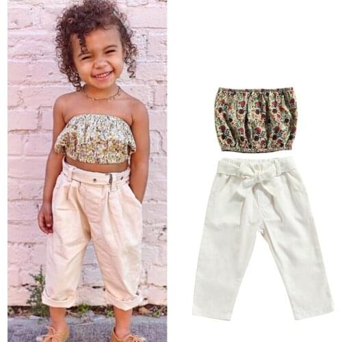 2021 Fashion Kids Baby Girls Clothes Set Summer Floral Print Sleeveless Tube Crop Tops + Bow Belt Pants Children Outfit 1-6Years
