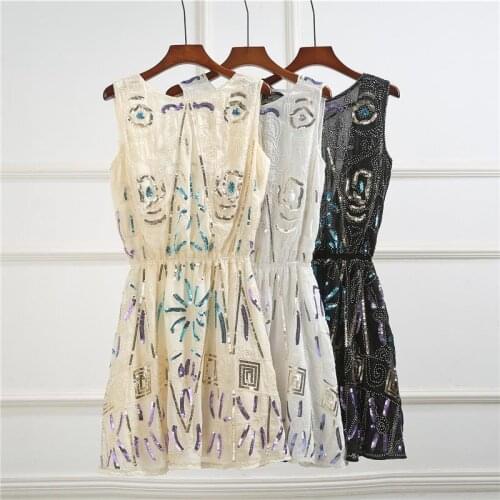 3 Colors Summer Round Neck Sequined beads Mesh Stitching Backless Casual Straight Geometric Fashion Party Dress 12109