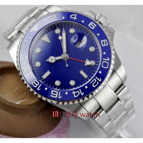 43mm Parnis Blue Dial GMT-MASTER Ceramic Bezel Sapphire Automatic Mens Watch 297 Oyster Bracelet Solid Back