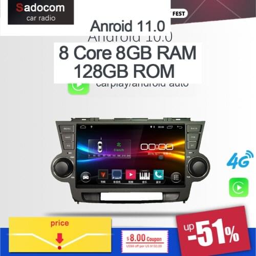 Carplay 4G LTE DSP 10.1" Android 10.0 Car DVD player 4G RAM 128GB car radio autoradio bluetooth For Toyota highlander 2008-2014