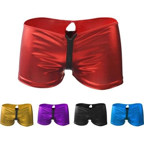 Mens sexy underwear sexy patent leather boxer shorts imitation leather safety chain boxer shorts nightclub performance service