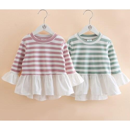 Spring Fashion 2-10 Years Kids Child Tees Tops O-Neck Long Sleeve Stripe Lace Patchwork Cotton Autumn Baby Girls T-Shirts