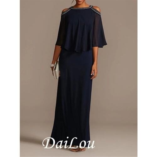 Sheath / Column Mother of the Bride Dress Elegant Jewel Neck Floor Length Chiffon Half Sleeve with Beading Sequin 2021