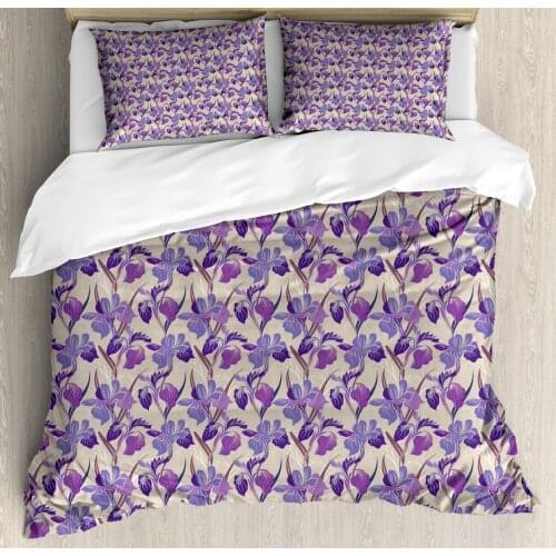 Floral Duvet Cover Set Digital Interpretation of Blooming Flowers 3 Piece Bedding Set Pale Tan Violet