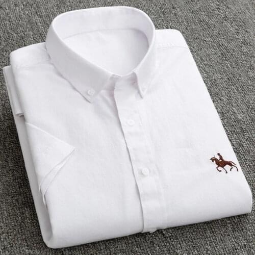 Summer 100% Cotton Oxford Mens Dress Shirts White Short Sleeve Embroidery Soft Comfortable Slim Fit Business Man Casual Shirts
