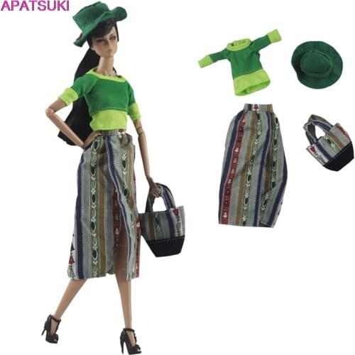 Fashion Doll Clothes Set For Barbie Doll Outfits Green Shirt Striped Midi Skirt Hat Bag For 1/6 BJD Dolls Accessories Kids Toy