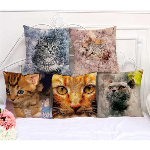 Throw Pillow Cases Watercolor Cat Animals Face Cushion Cover 45x45cm Home Living Room Decoration Linen/Cotton Pillowcover Decor