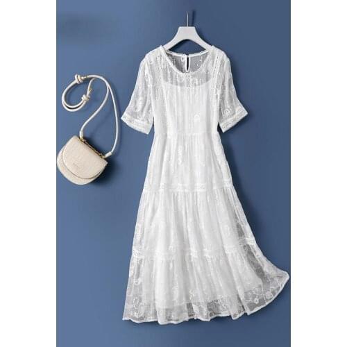 100% Silk Summer Dress 2021 Short Sleeve Dress Midi Beach Dresses for Women Casual White Clothes Vestido De Mujer Pph4112