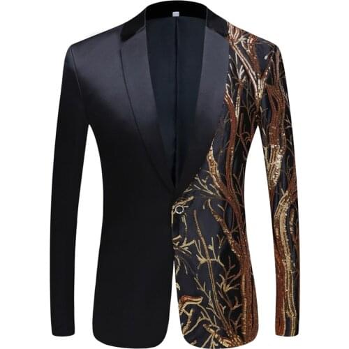 Tide Mens Gold Sequins Slim Fit Black Balzer Hip Hop Stage Singers Prom Dress Suit Jacket Party Jacket Men
