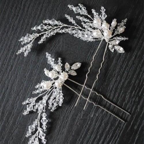 Silver color Beaded Pearls Bridal Hair Jewelry Pins Handmade Wedding Headpiece Accessories Women Tiara