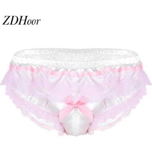 Mens Sissy Pouch Panties Shiny Soft Satin Lingerie Ruffled Floral Lace Zipper Crotch Briefs Underwear Sexy Gay Male Panties