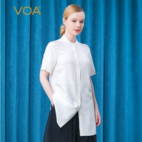 VOA 36m/m Elastic Heavy Crepe White Stand Collar Short Sleeve Blousre BE562 Single-breasted Asymmetric Medium and Long Shirt