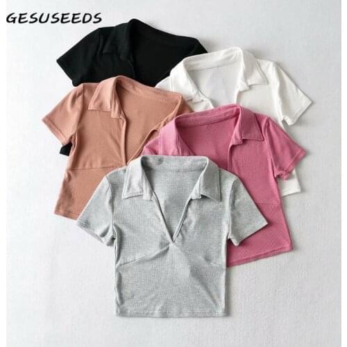 Summer T Shirt Women Elegant Short Sleeve Tees Ribbed Turn Down Collar Top Ladies Knitted Crop T Shirt Corset Womens Shirt 2021
