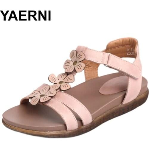 YAERNIWomen Leather Sandals Flower Flat Heels Soft Sweet Genuine Leather Women Sandals Summer Shoes For Women Brand Beige Comfor