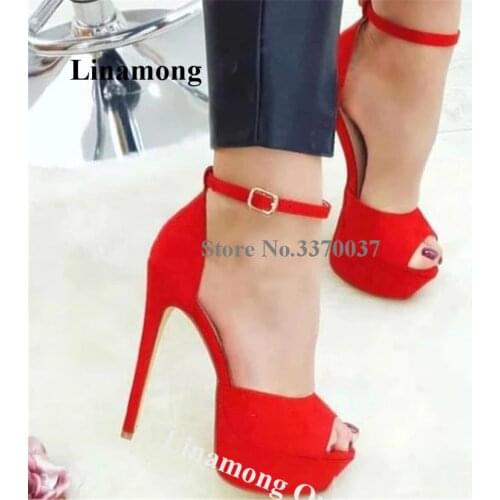 Linamong Red Suede Leather High Platform Stiletto Heel Sandals Ankle Strap Buckle High Heel Sandals Wedding Dress Shoes Big Size