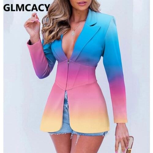 Women Long Sleeve Peak Lapel Tunic Blazer Ombre Color Sport Jacket