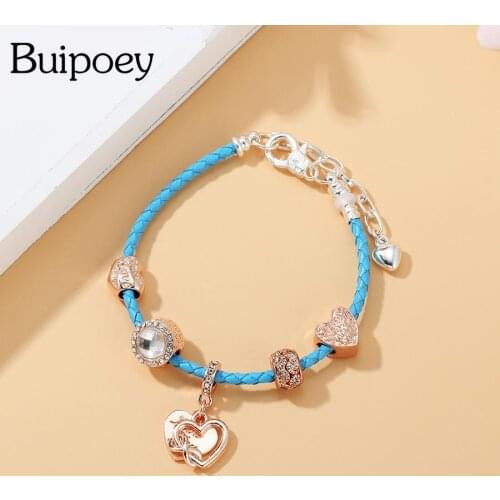 Buipoey Rose Gold I Love You Heart Beads Blue Leather Bracelets For Women Original Hearts Pendant Charm Weave Bracelets Gifts