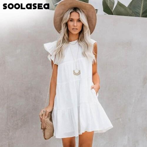 Soolasea 2021 New Bohemian Style A-line Ruffles Sleeveless White Summer Women Vacation Beach Elegant Mini Dress Vestidos
