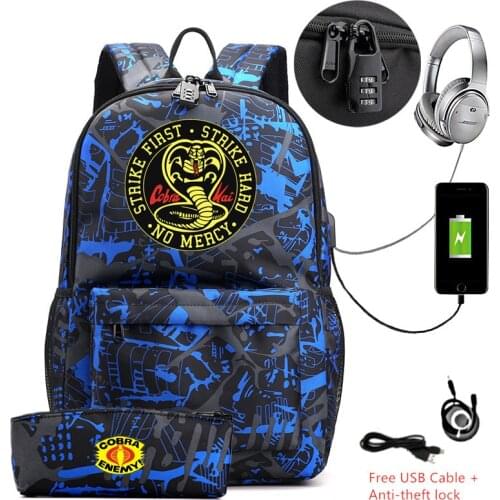 2pcs/lot Cobra Kai: the Karate Kid Saga School Bag Canvas Backpack Usb Charging Shoulder bag Laptop Sport Mochilas