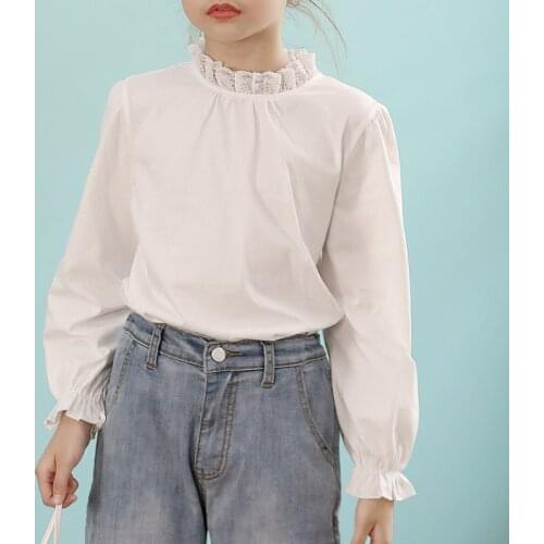 Girls White T-Shirt Cotton Turtleneck Girl Tops Tees Autumn Mother Daughter Clothing Kids All Match T-Shirt 6 8 10 12 14 16 Yrs