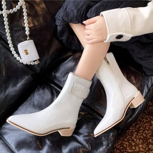 Womens Ankle Boots Pointed Toe Square Mid Heels Females Pumps Boots Autumn Pu Leather Platform Shoes For Women Fashion Boots