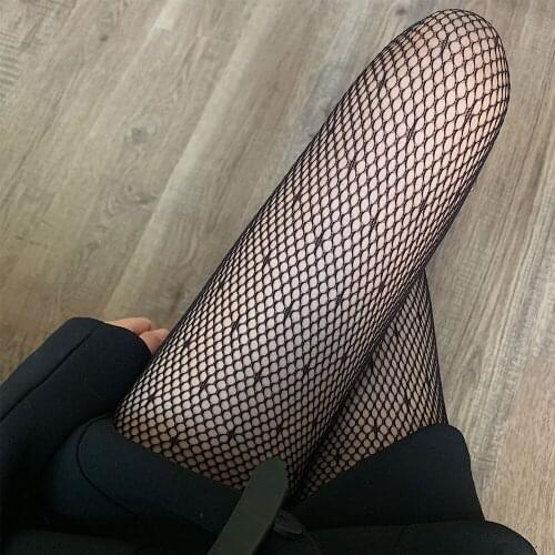 Black Sexy Mesh Fishnet Stockings Hollow Seamless Polka Star Print Women Tights Pantyhose Summer Female Women Tights Hosiery