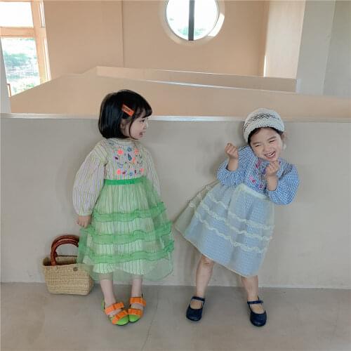 8475 Korean Childrens Autumn Dress 2021 Girls Dress Vintage Embroidered Gauze Childrens Plaid Princess Girl Dresses