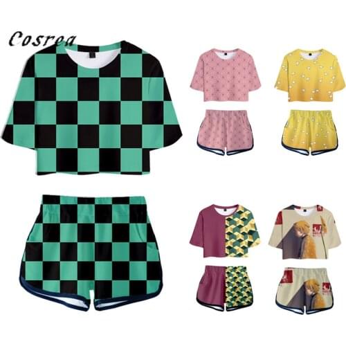 Anime Demon Slayer Kimetsu no Yaiba Cosplay Tanjiro Kamado T-shirt Mens Girls Costume Tops Shorts Nezuko Summer Dress Sportswear