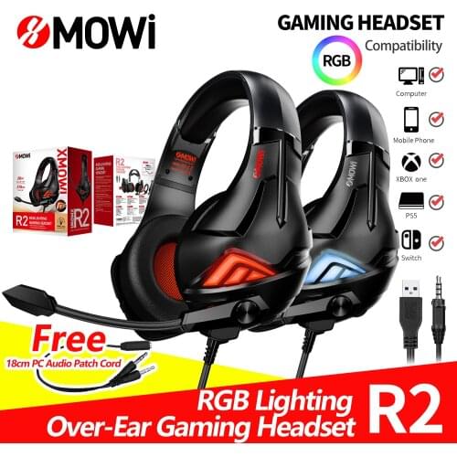 XMOWI R2 Gaming Headset RGB LED Light Xbox-One Headset Over Ear Headphones PS4 Headset Bass with Noise Canceling Microphone