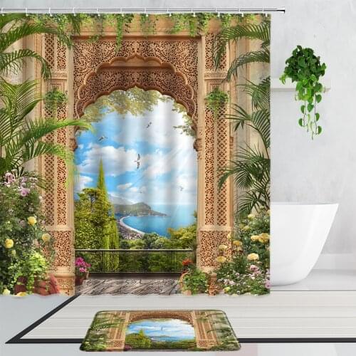 European-Style Arched Door Sea View Shower Curtains Window Plant Flower Scenery Art Home Decor Curtain Non-Slip Bath Mats Carpet