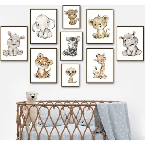 Cute Baby Animal Elephant Zebra Giraffe Leopard Lion Cow Wall Art Print Canvas Painting Nordic Poster Decor Pictures kids Room