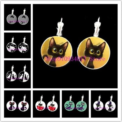 Cute Furry Cat Girl Stud Earrings Naughty Little Cat Glass Cabochon French Hook Earrings I Love My Cat Women Earrings