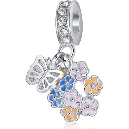 New Original Alloy Bead Colorful Butterfly & Flowers Dangle Charm Enamel Fit Pandora Bracelet Bangle DIY Women Jewelry Dropship