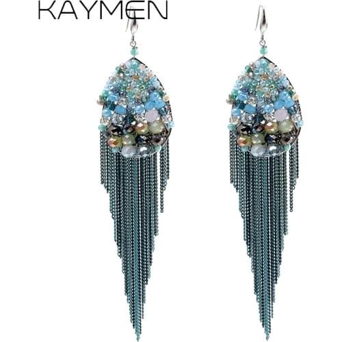 New Women Bohemia Crystal and Chains Tassels Hook Earrings by Handmade Fashion Statement Beads Dangle Earrings Girls Bijoux 3299