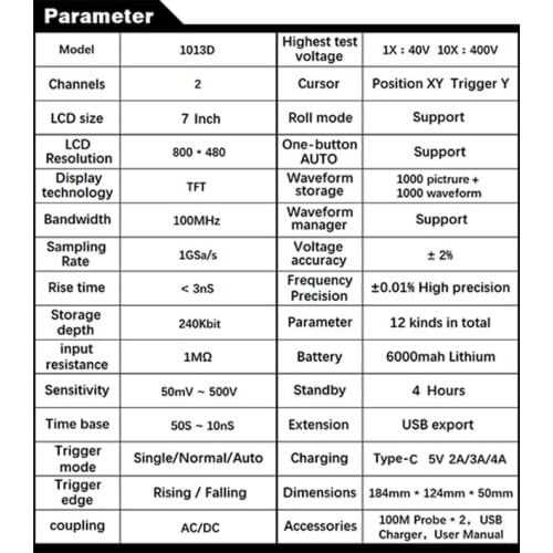 1013D Dual Channel 100M Bandwidth 1GS Sampling Rate Digital Tablet Oscilloscope 37MC