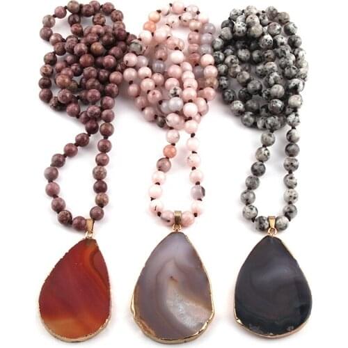 Fashion Bohemian Tribal Artisan Jewelry Knotted long Halsband Natural Stone With Irregular Pendant Charm Necklace