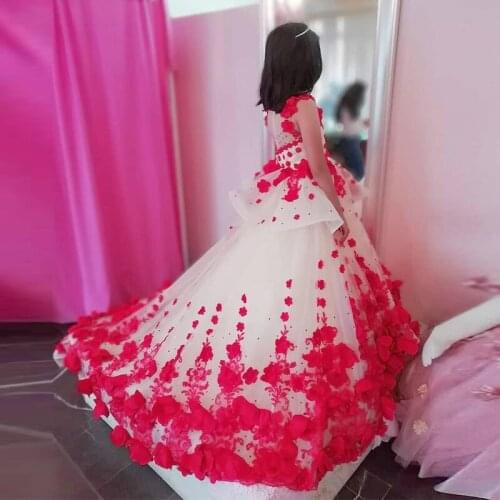 Luxurious Red 3D Flower Girls Dresses Jewel Neck Tiered Tulle Skirt Kids Pageant Dress Sweep Train Beaded Child Prom Gowns